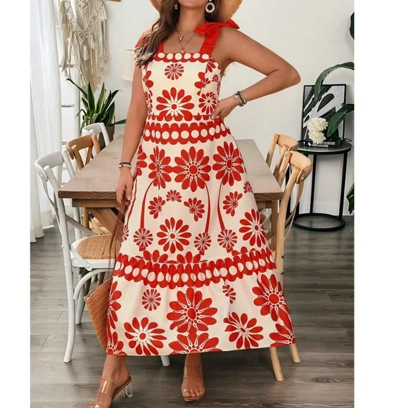 Plus Floral Print Shirred Bodice High Waisted Shoulder Tie Maxi Dress - Picture 3 of 6